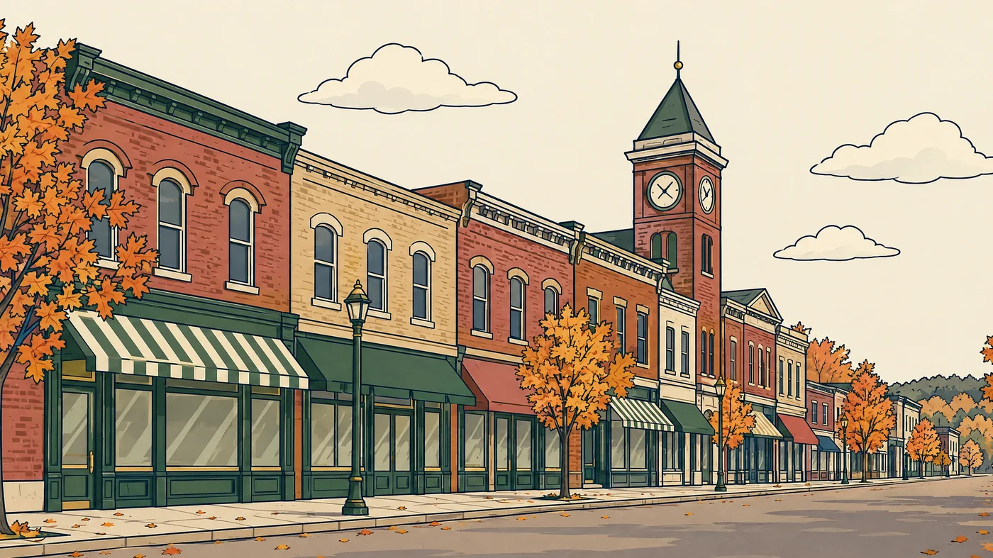 Illustration of a small-town Ontario main street in autumn