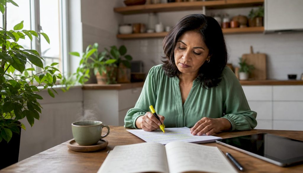 Woman reviewing SEO checklist at home office table