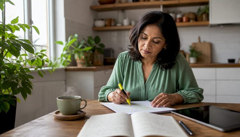 Woman reviewing SEO checklist at home office table