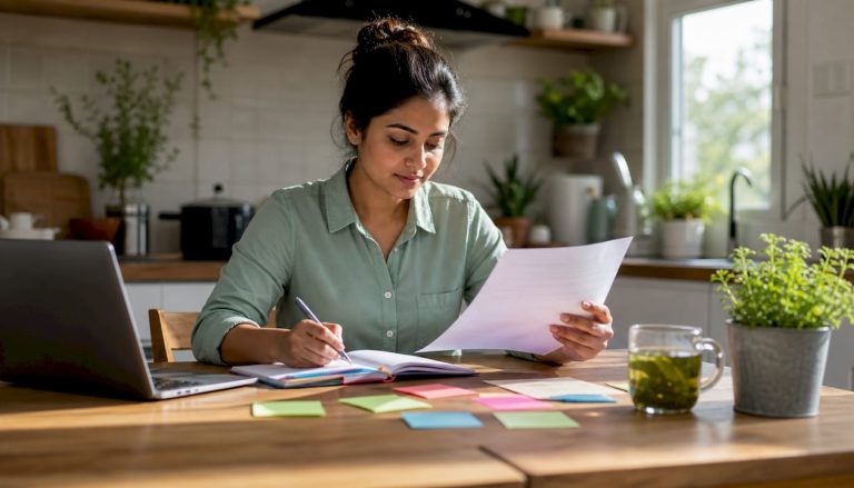 Young woman reviewing digital marketing plan at home office