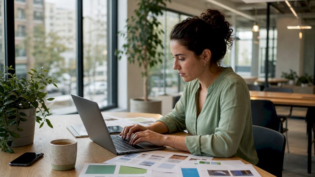 Small business owner typing website copy at home desk