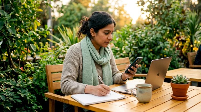 Small business owner using smartphone for marketing