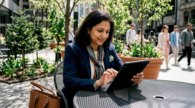 Female entrepreneur working on tablet outdoors
