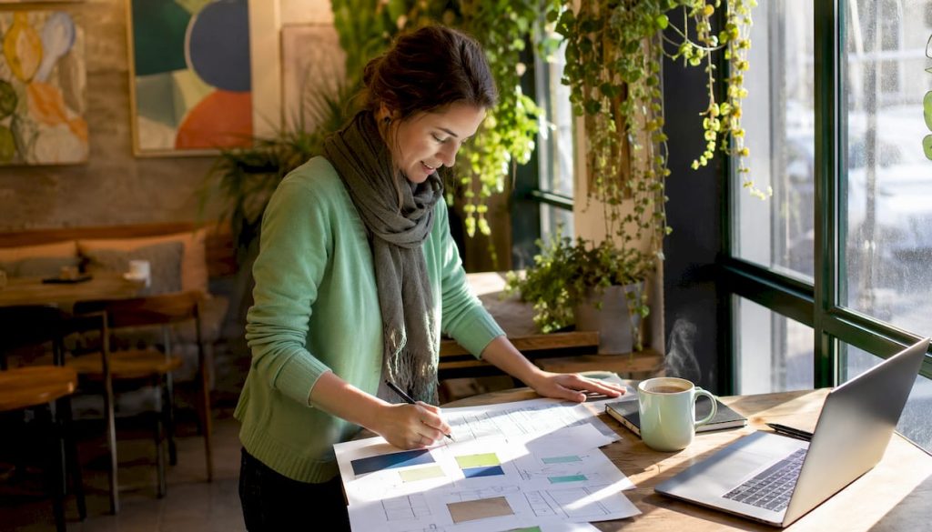 Web designer sketching website designs at loft table
